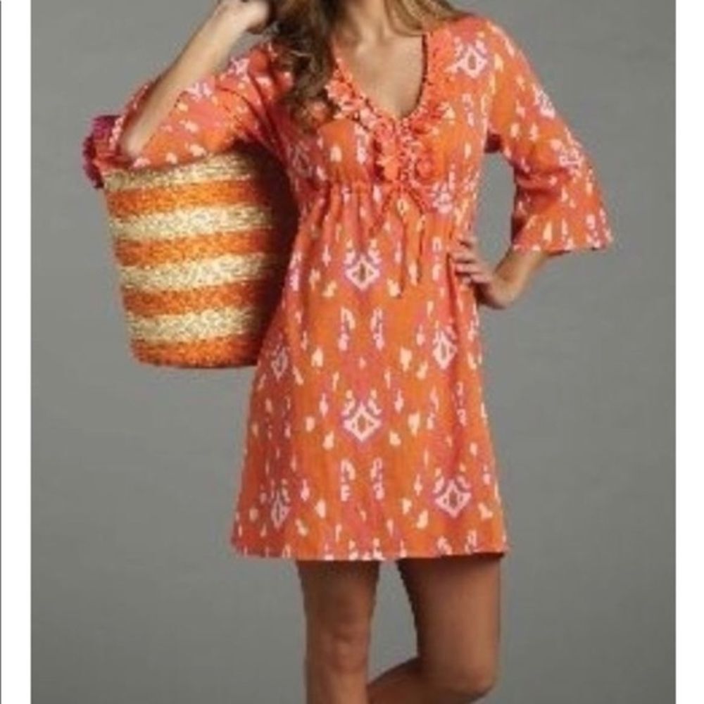 Mud Pie Linen Swim Cover Up Dress - Orange Pink White - Size S